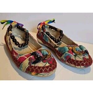 Xiriyu Beaded Ankle Ties Ballet Flats Multicolor Floral Women’s Size 9 (40)